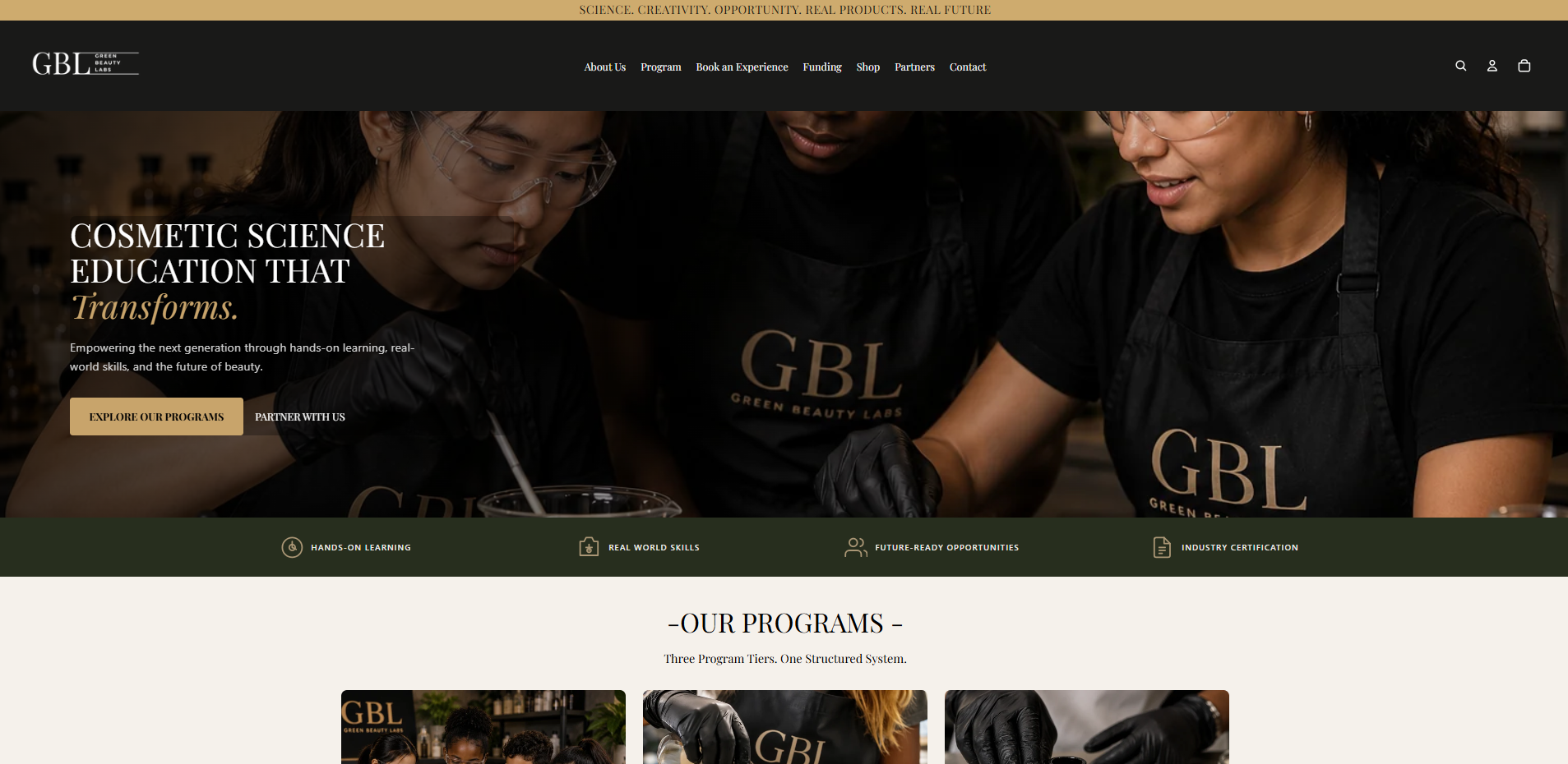 Green Beauty Labs homepage and programs section