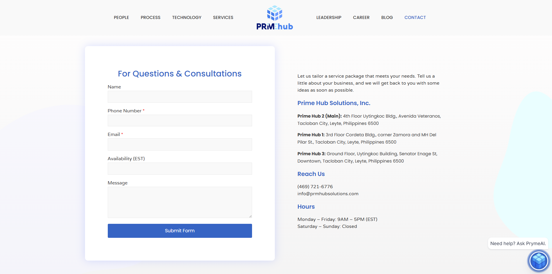 Prime Hub Solutions contact and inquiry page