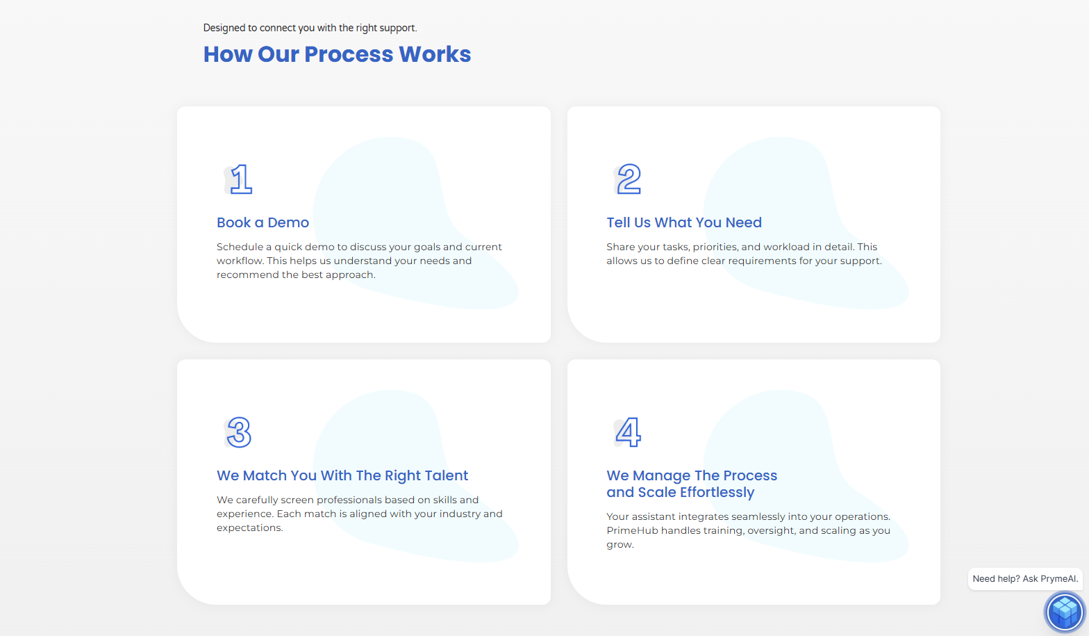 Prime Hub Solutions process workflow webpage