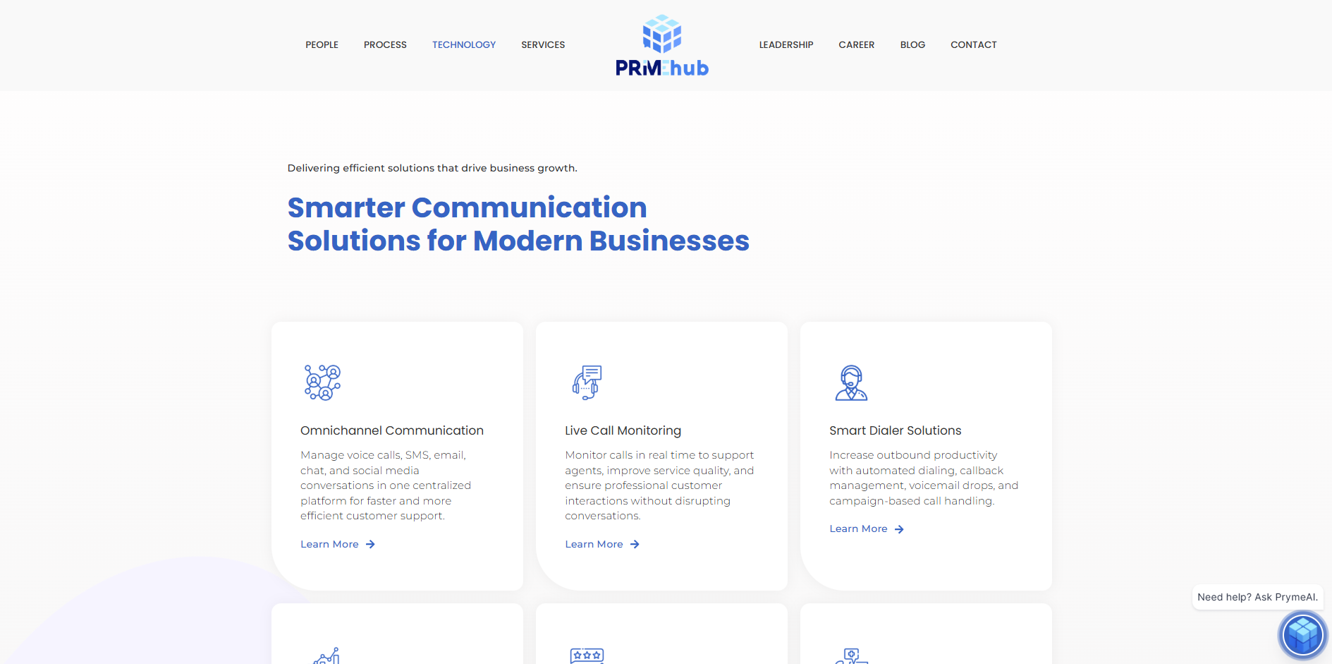 Prime Hub Solutions technology services webpage