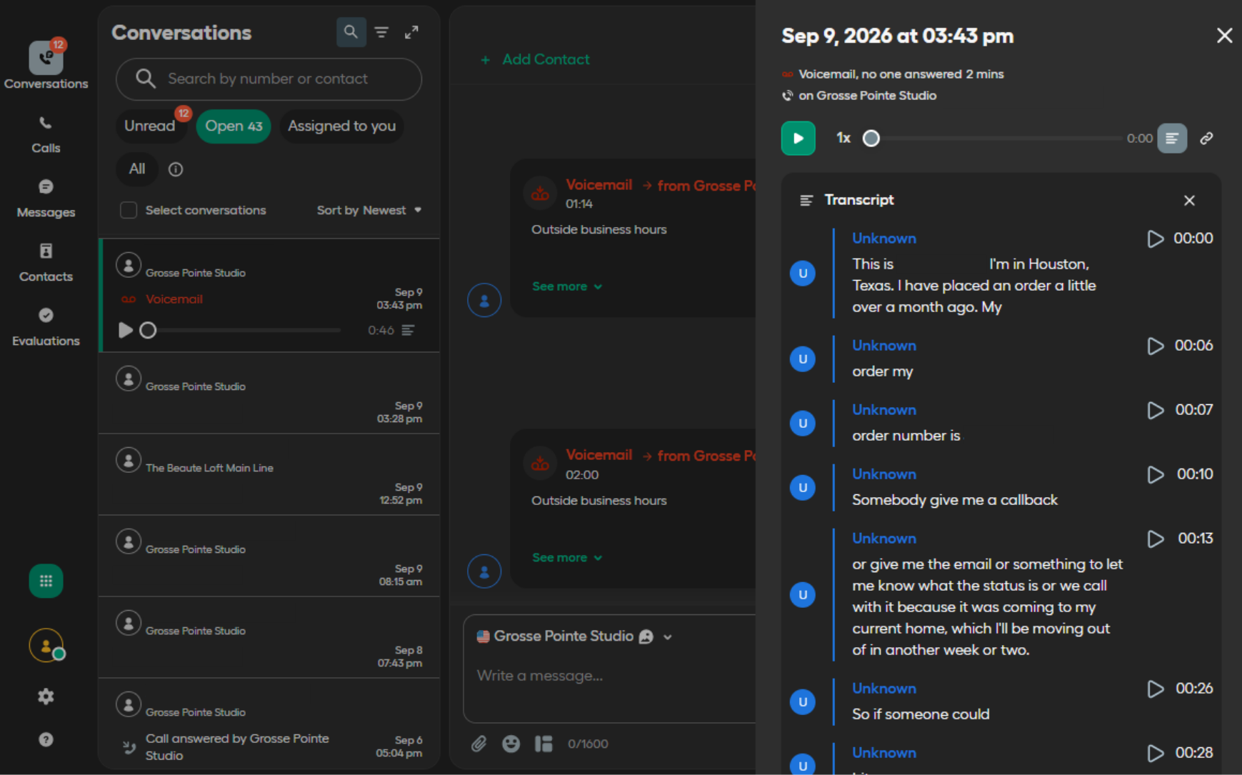 Aircall customer support conversation interface used for The Beaute Loft