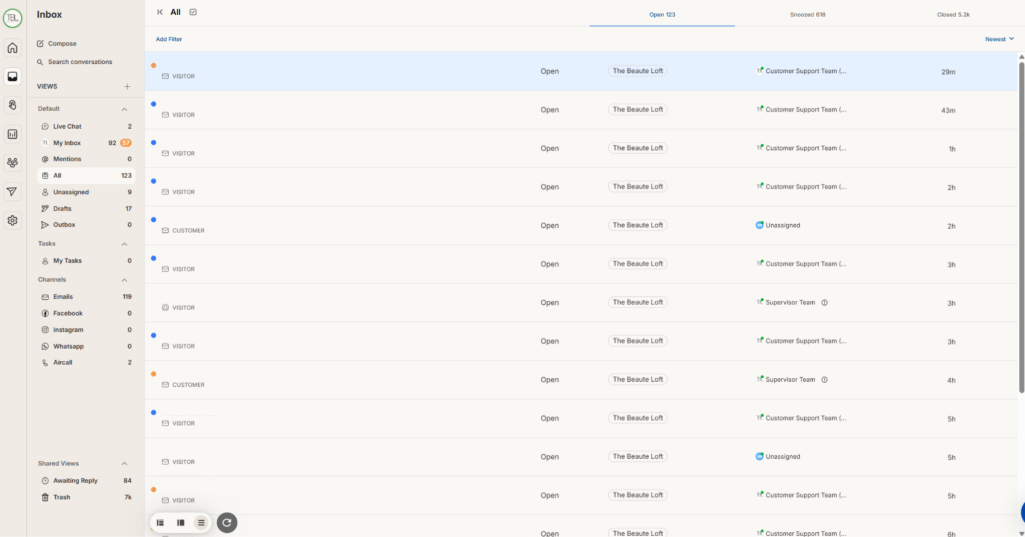 Richpanel customer support inbox used for The Beaute Loft