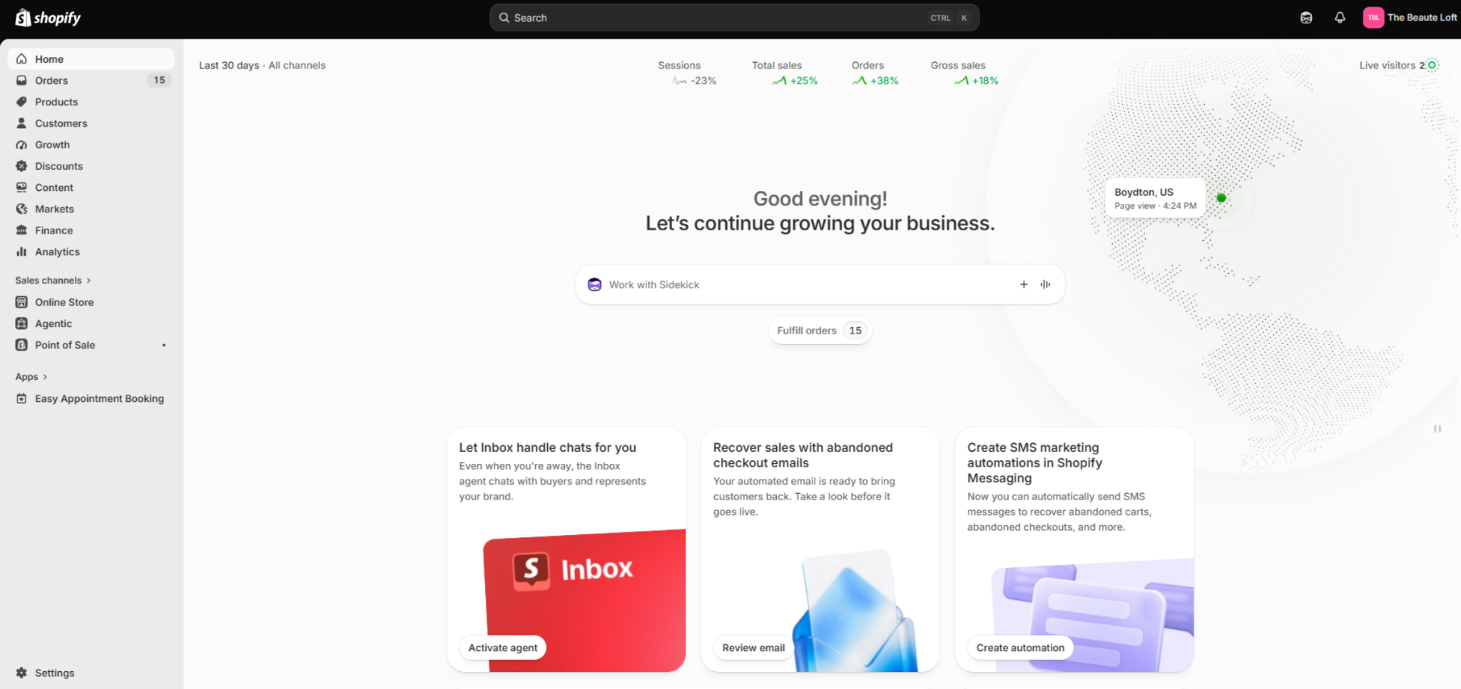 Shopify admin dashboard used for The Beaute Loft