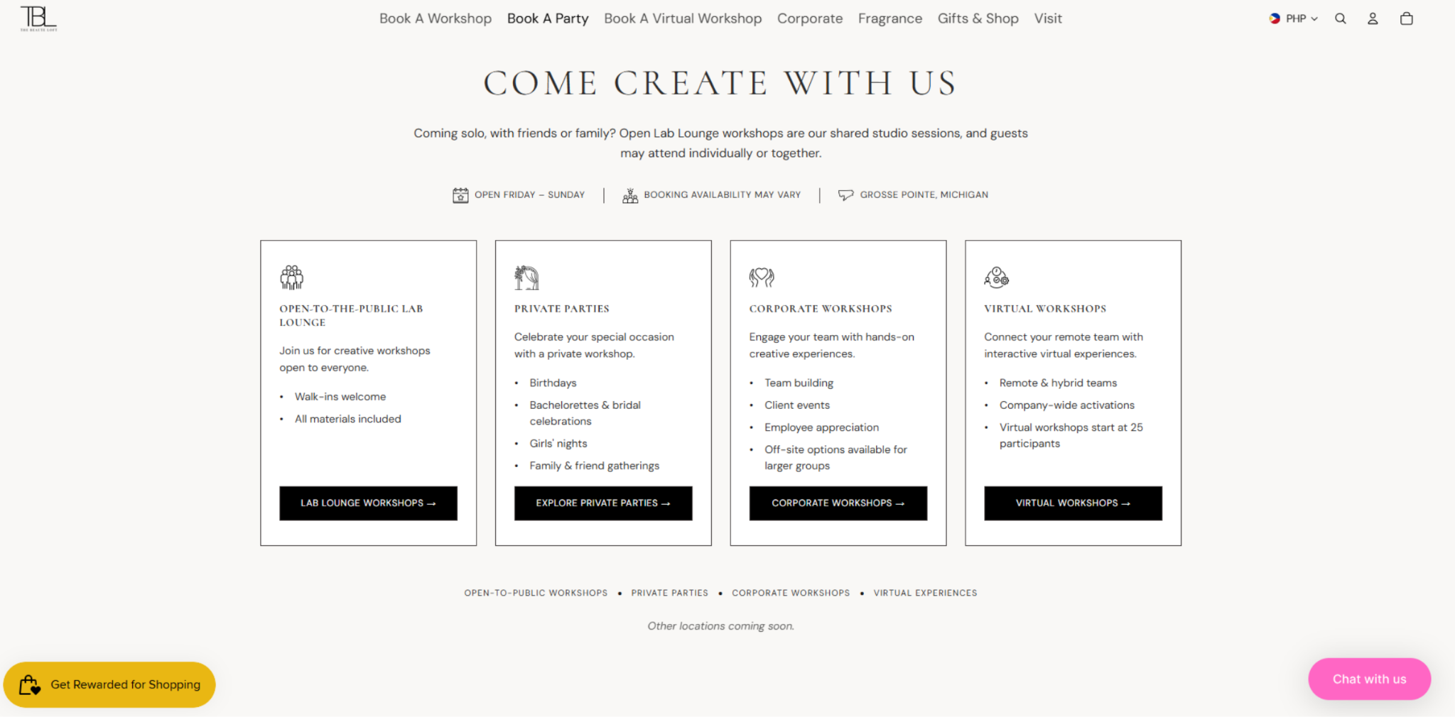 The Beaute Loft workshops and experiences webpage
